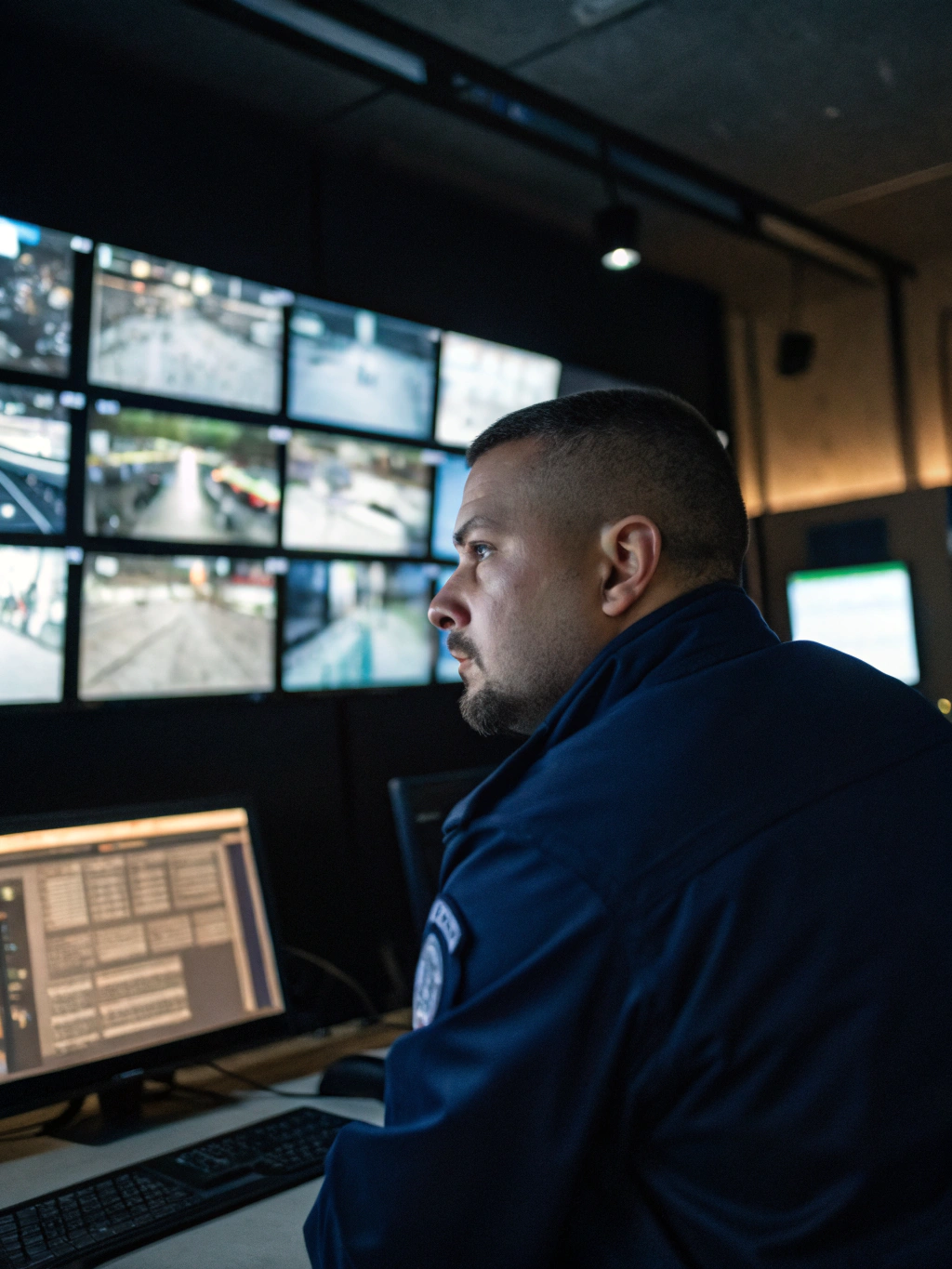 Two plain-clothes bodyguards watching a wall of security camera monitors, one talking on a handheld radio